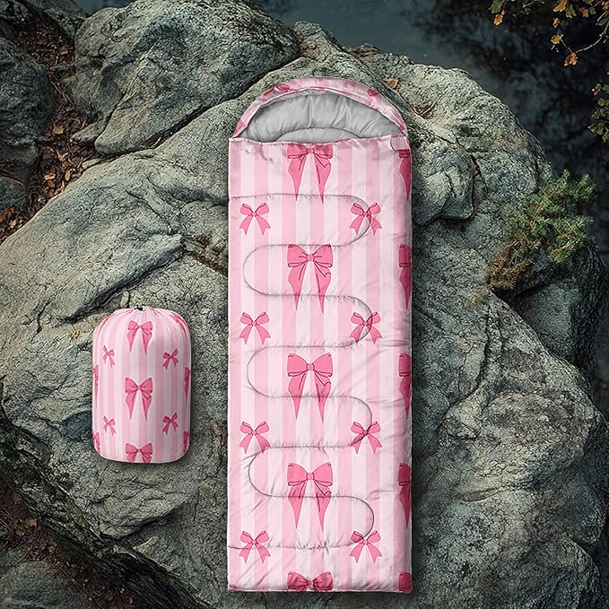 Colorful Bow Sleeping Bag, 3 Season Warm Cool Weather, Hand Drawn Bow Camping Sleeping Bag for Adult, Cute Bowknot Camping Backpacking for Outdoor Traveling Hiking Hunting Gear Equipment
