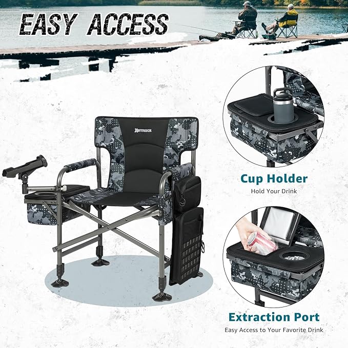 X Strike Fishing Chairs with Rod Holder, Folding Ice Fishing Chair for Adults Outdoor Camping Chair Leg Adjustable with Cooler Bag and Storage Bag for Ice Fishing, Camp, Lawn, Patio, Garden