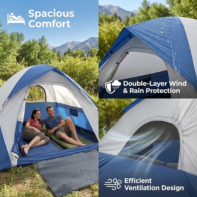 XL 4 Person Dome Camping Tent, Double Layer Waterproof, Removable Rain Fly, for Outdoor Hiking, Fishing