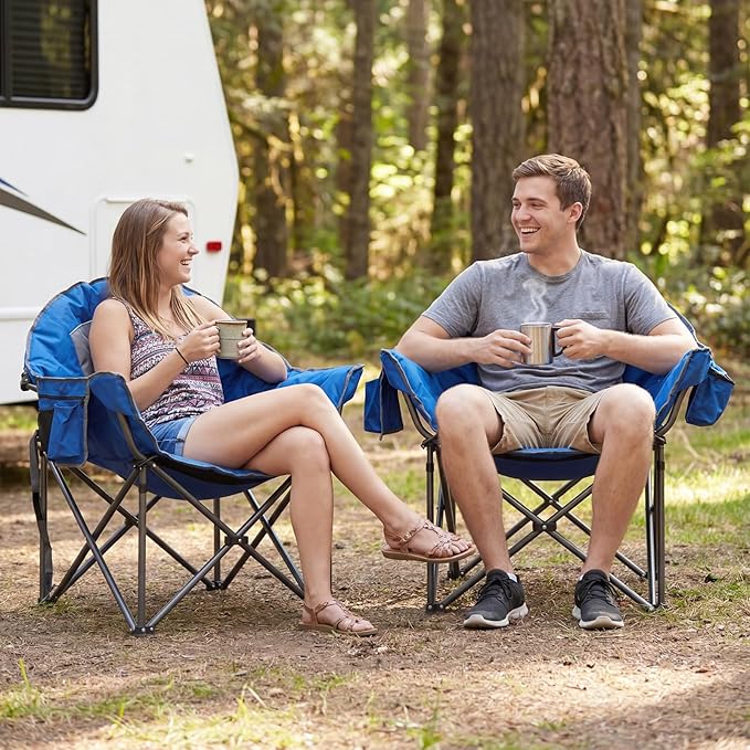 Romswi 2PK Oversized XL Padded Camping Chair for Adults, 500lbs Support Heavy-Duty Padded Folding Chair with Side Pocket Cup Holder, Wide&Thick, for Outdoor,Blue and Gray