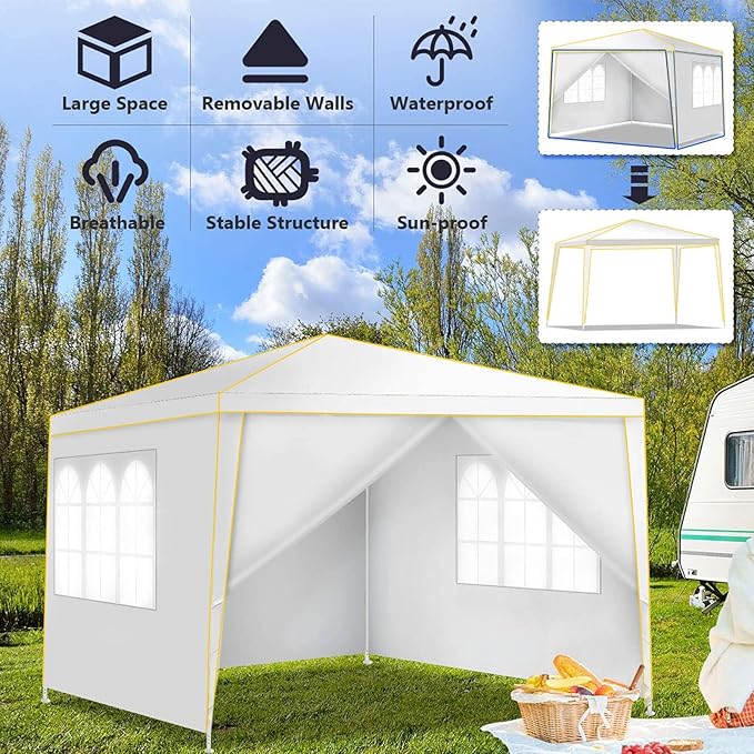COBIZI 10x10 Pop up Canopy, Canopy Tent 10x10 Gazebos, Ez up for Parties Beach Camping Party Event Shelter Sun Shade with 4 Sidewalls & Carry Bag 4 Stakes & Ropes & Sandbags, White