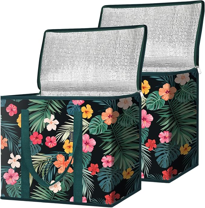 BALEINE 2PK Insulated Reusable Grocery Bags, Collapsible Cooler Bag for Groceries, Heavy Duty Large Insulated Bag (16''x9''x13'', Blossom Season)