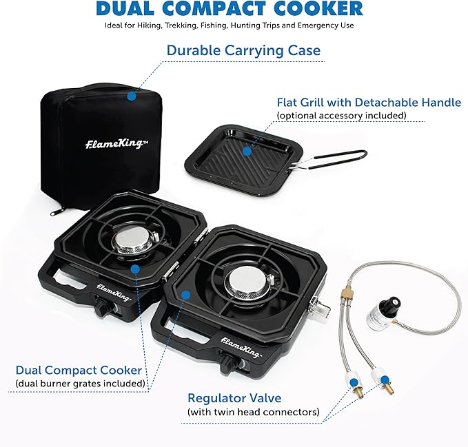Flame King CampactCooker, Dual Burner Propane Camping Stove with Detachable Grill, Portable Foldable Cooking Stove 12,000 BTU, for Camping, Patio, Emergency, Hiking (Black)