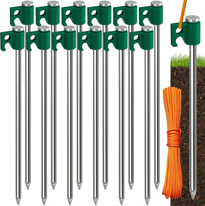 Tradesparker Tent Stakes 12-Pack 8Inch Heavy Duty Garden Stakes Canopy Anchors - Includes Ropes for Camping Tents, Pop Up Canopies and Outdoor Events, Green