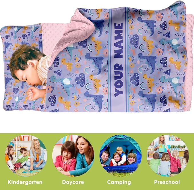 Personalized Toddler Nap Mat for Preschool, Custom Name Kids Sleeping Bag for Daycare, Kindergarten Roll Up Sleeping Mat with Removable Pillow and Soft Blanket, Fun Themes for Boys & Girls