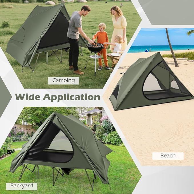 Tangkula 2 in 1 Tent Cot, 2-Person Portable Off-Ground Elevated Camping Tent with Cot, Removable Rainfly, Wheeled Bag, Stakes & Wind Ropes for Outdoor Hiking, Picnic, Travel
