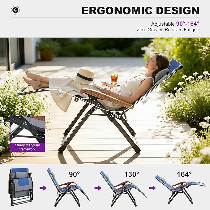 PURPLE LEAF Extra Wide Outdoor Reclining Chair Patio Zero Gravity Chaise Lounge Folding Chair with Quilted Cushion Adjustable Headrest for Lawn Camping Beach Pool Grey and Navy Blue