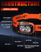 DARKBEAM Red LED Headlamp Dual Light High Lumens USB Rechargeable Redlight Headlight for Hardhat with Motion Sensor, Up/Down Adjustable, Waterproof Head Lamps for Camping, Fishing, Hunting