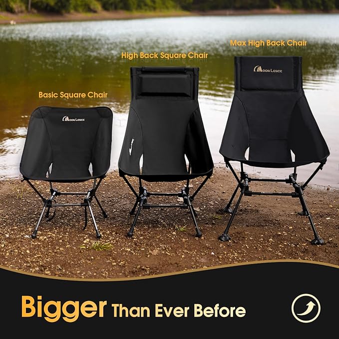 MOON LENCE Oversized High Back Camping Chair with Pillow for Adults, Height Adjustable Folding Chair with 400 lbs Capacity, Hidden Pillow Pocket & Wide Seat for Camping, Fishing, Base Camp, Black