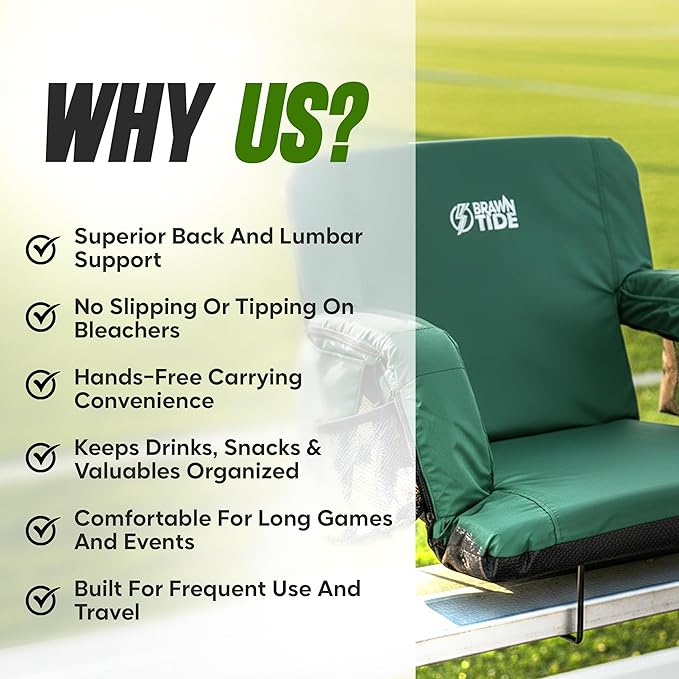BRAWNTIDE Stadium Seat for Bleachers with Back Support - Wide Padded Reclining Bleacher Seat, Portable Folding Stadium Chair with Armrests, Hooks, Straps, Cup Holders & Pockets for Games & Concerts