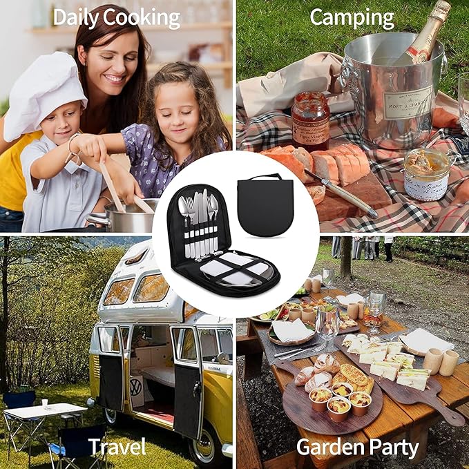 Camping Cutlery Set,Camping Silverware Kit Cutlery Organizer Utensil Picnic Mess Set,Travel Camping Portable Fork Spoons Plate Cutlery Set for Hiking, Picnic and Backpacking, Perfect for 1-2 Person (
