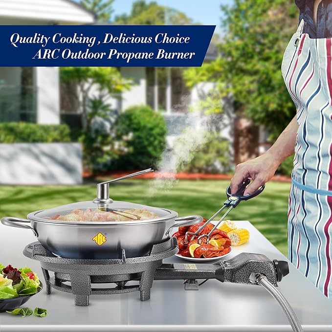 ARC Outdoor Propane Burner Stove, 13" Single Propane Burner, Cast Iron Portable Propane Burner With Adjustable Regulator And Stainless Steel Hose, Great For Outdoor Wok Burner