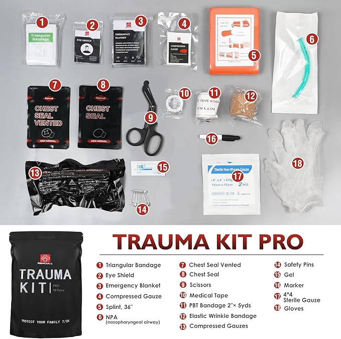 Trauma Kit, Compact IFAK Tactical Emergency Medical First Aid Kits Refill Supplies Survival Hemostatic Combat Wound Care Dressing Pack with 6”Israeli Bandage, Chest Seal for Military, 18pcs