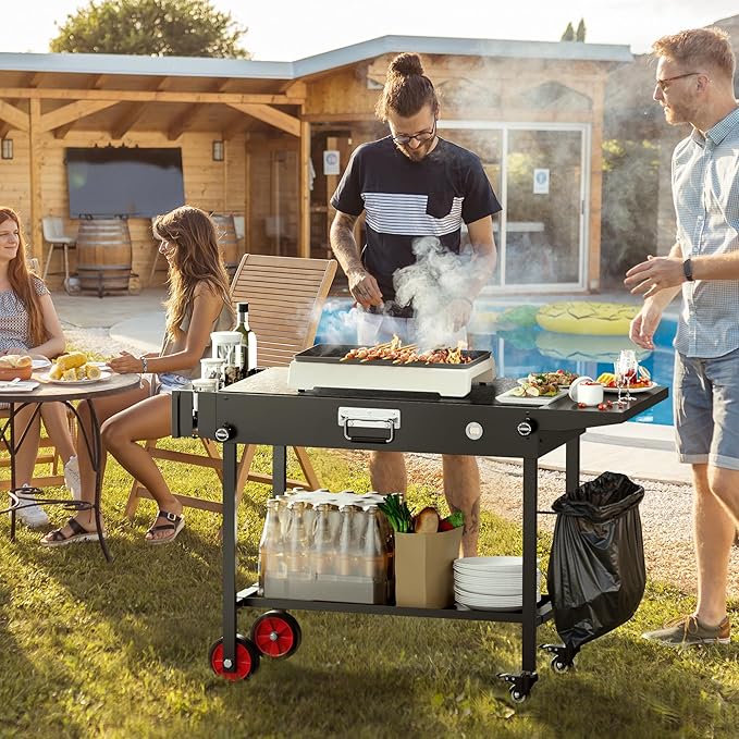 Portable Grill Table Cart with Wheels Foldable Blackstone Griddle Stand for 17"/22" Griddles, Ninja Woodfire Grill & Weber, Outdoor BBQ Prep Table with Storage Shelf Caddy for Camping, Tailgating