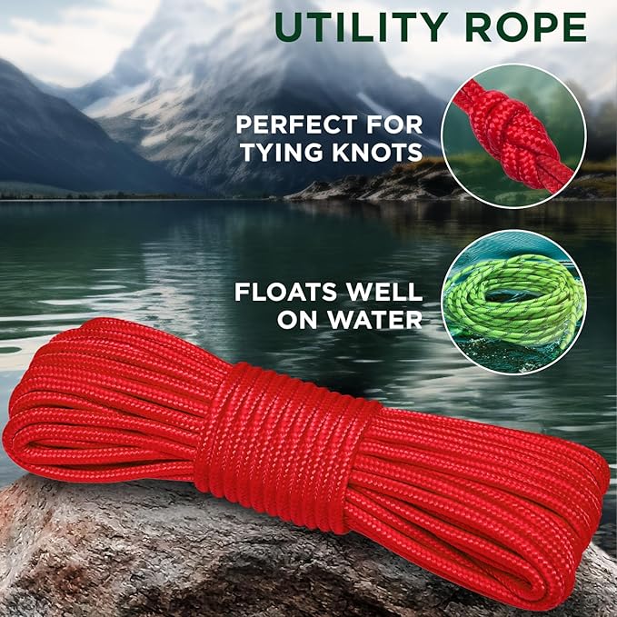TECEUM Rope – 150 Feet x 1/4 Inch (7mm) – Red – Strong All-Purpose Utility Rope – Camping, Crafting, Flag Pole, Indoor & Outdoor – Polypropylene Nylon Poly Lightweight Diamond Braided Cord