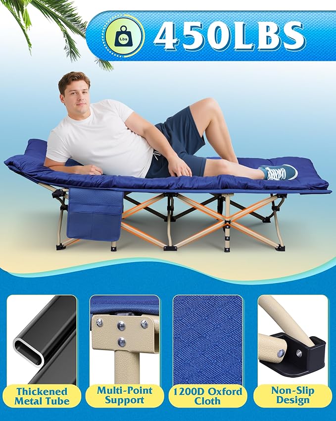WLIVE 1200D Double Layer Oxford Camping Cots for Adults, Portable Camping Cot Bed with Mattress for Sleeping, Outdoor Folding Bed with Carry Bag for Resting, Camping, Dark Blue