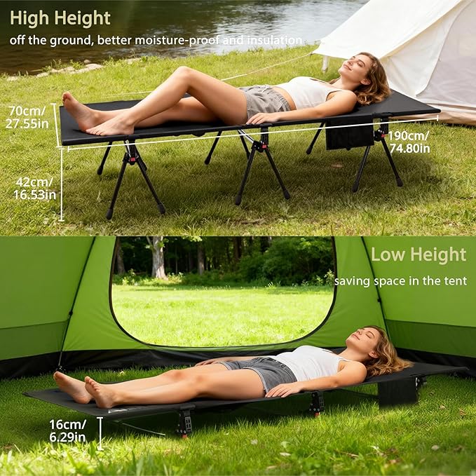 Anbte Height Adjustable Camping Cot with Storage Net & Bag, Support up to 400lbs Comfortable Portable Cots for Adult Folding Bed for Camping Hiking Travel Truck Beach Office Nap, Black