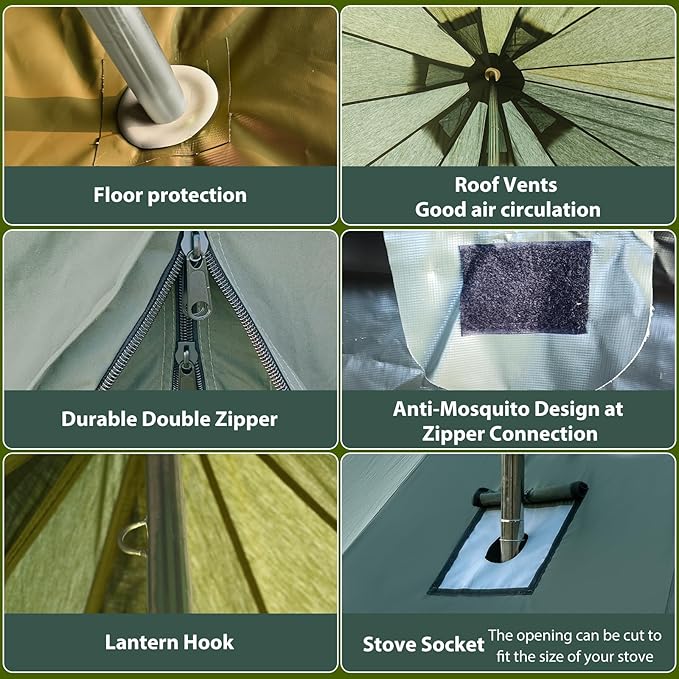 Cotton Canvas Bell Tent with Stove Jack, Roomy Yurt for Family Glamping Camping, 4 Season Tent with Zipped Removable Floor