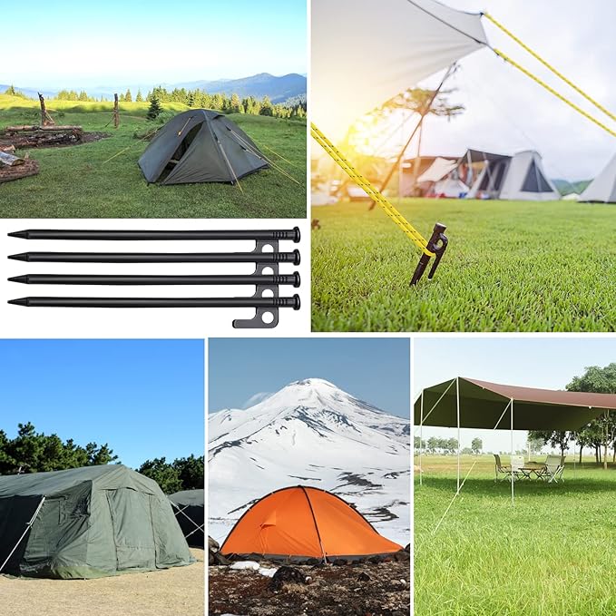 Tent Stakes and Hammer Set, 16 Pack 8in Heavy Duty Forged Steel Tent Stakes + 12in Heavy Duty Camping Hammer + Storage Pouch, Available in Rocky Place