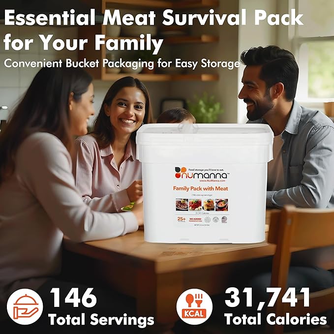 Numanna Family Pack with Meat Bucket 1,752 Servings | 12-Months Emergency Meals | Easy to Prepare for Everyday Use, Prepping & Camping | 25+ Year Shelf Life | Made in USA | Food-Grade Bucket