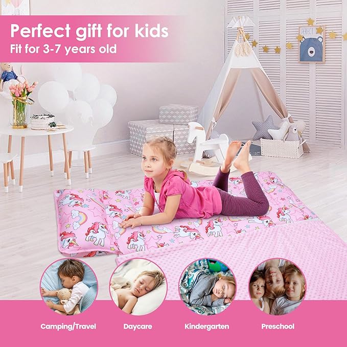 Kids Nap Mat Portable Slumber Bags with Removable Pillow and Blanket for Girls Boys, Lightweight Extra Large Sleeping Bag for Preschool Camping Daycare