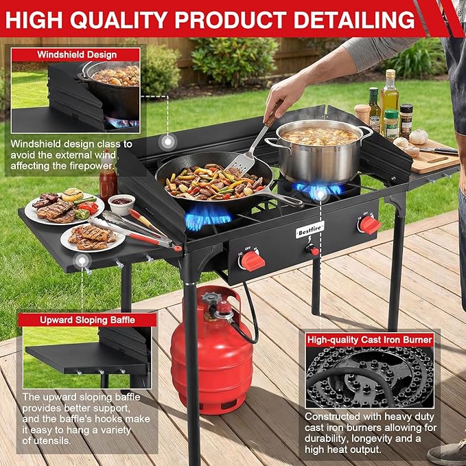 Bestfire 2 Burner Camping Stove with Windpanel& Side Shelves, Bag, Auto Ignition Button,Regulator,150,000 BTU High Pressure Camping Stove Propane Burner With Removable Legs for Outdoor BBQ&Backyard