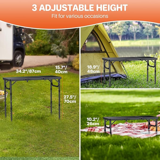 FUNYKICH 3ft Camping Folding Table L34.2''xW15.7'', 3 Adjustable Height Portable Small Folding Tables, Lightweight Aluminum Beach Table with Carry Handle for Camping, Backyard BBQ, Picnic, Travel
