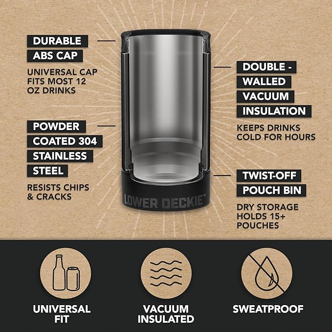 DUALIE Lower Deckie - Insulated 12 oz Can Cooler with Pouch Container - Universal Drink Holder with Built-in Pouch Bin - Choose Your Color