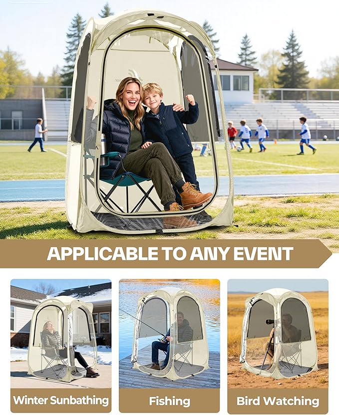 Sportneer XL Clear Pop Up Sports Tent, 46" L x 46" W x 63.5" H Spacious Outdoor TPU Shelter for 1 Adult & 1 Child, Warm All-Weather Bubble Pod with Instant Setup, Wind & Rain Guard for Spectators