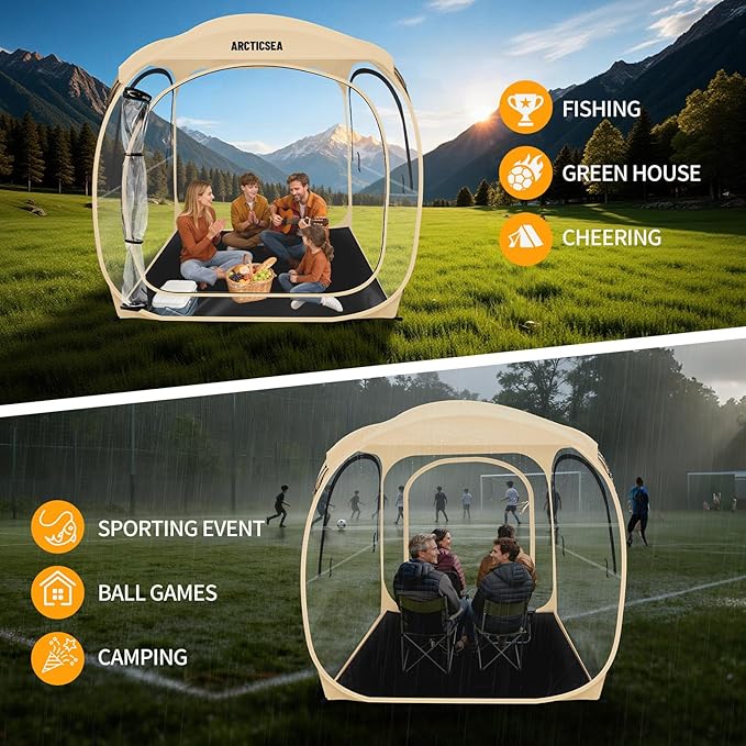 ARCTICSEA Thickened PVC Sports Tent - All-Weather Shelter Pod for 2-6 Person, Pop-Up Shelter, Instant Setup, Removable Top & Sealed Floor for Outdoor Events, Soccer, Rugby