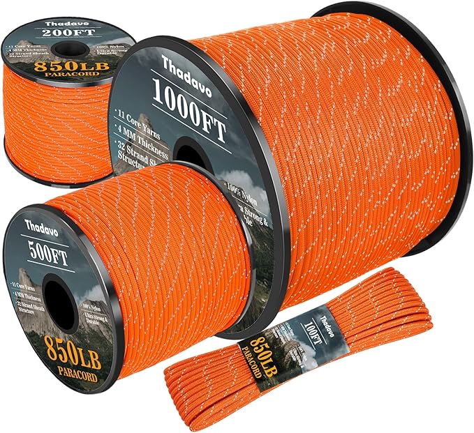 Reflective Parachute Rope 850Ib, 50/100/200/500/1000ft 4MM 11 Strand Strong Heavy-Duty Paracord Spool Cord, para Cord Lanyard for Clothsline, Hammock, Camping, Hiking, Orange 1000FT