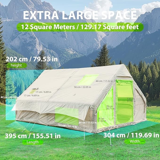 Nice C Inflatable Tent for Camping, Glamping Tent for Adults, Blow Up Tents, with Air Pump, 2-in-1 Air Valve, Chimney Opening, Waterproof, Windproof, Easy Set Up