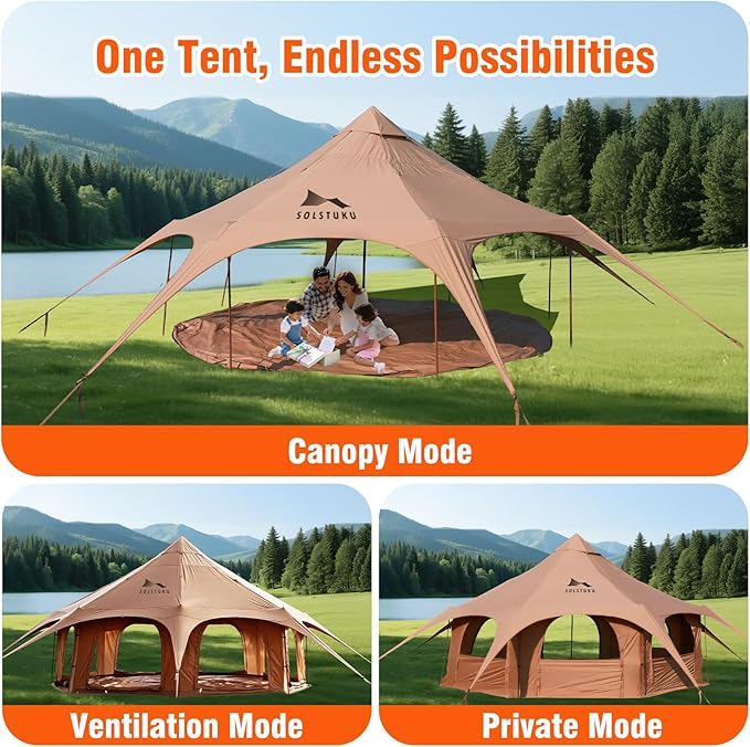 SOLSTUKU 4 Season Canvas Bell Tent, 270 sq ft, 9.8 ft Peak Height, 10 Person, Free Standing, Zipper Closure, Compact Style, Camping & Hiking, Family Camping, Cold-Weather, Outdoor Activities