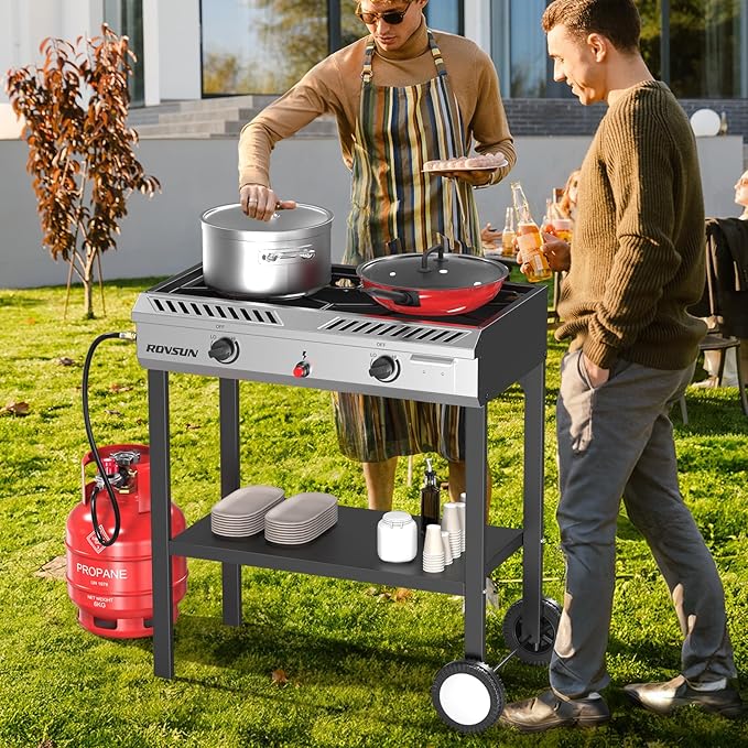 ROVSUN 2 Burner Propane Stove with Auto Ignition, 150,000 BTU Gas Stove with Storage Shelf, Rolling Wheels & Regulator for Home Outdoor Backyard Camping Cooking Frying Brewing Canning