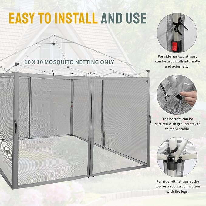 CROWN SHADES Gazebo Mosquito Net for 10 x 10 Pop Up Canopy - Patio Gazebo Mesh Sidewall with Zipper for Outdoor Tent, Garden and Backyard (4 Packs, Grey)