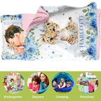Custom Toddler Nap Mat for Preschool, Personalized Name Light Blue Kids Sleeping Bag with Leopard for Daycare, Roll Up Sleeping Mat with Removable Pillow and Soft Dot Minky Blanke for Girls Camping