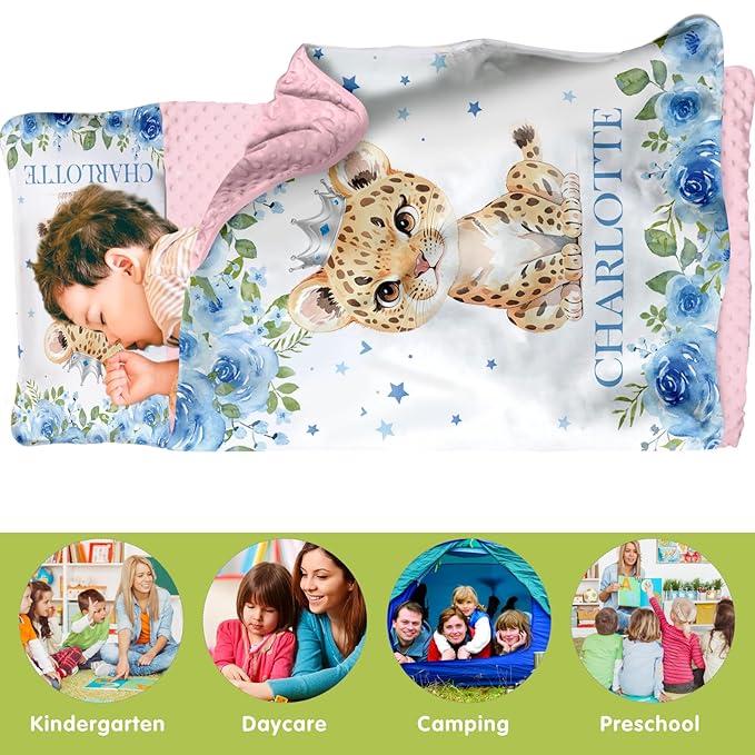 Custom Toddler Nap Mat for Preschool, Personalized Name Light Blue Kids Sleeping Bag with Leopard for Daycare, Roll Up Sleeping Mat with Removable Pillow and Soft Dot Minky Blanke for Girls Camping