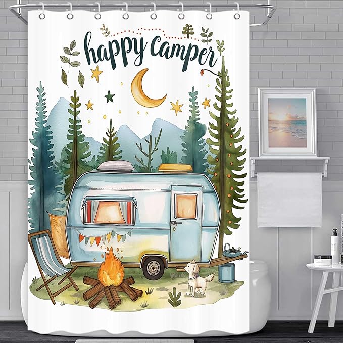 Happy Camper Small Stall RV Shower Curtain Rustic Tree Mountain Adventure Tent Camping Bathroom Curtains Travel Trailer Bathroom Accessories Set with Hooks 48 x 72 Inches