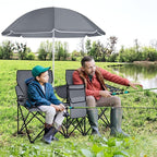 COSTWAY Double Portable Picnic Chairs, Folding Camping Chairs w/Detachable Umbrella, Cooler Bag, Cup Holders, Patio Beach Camping Chairs for Outdoors