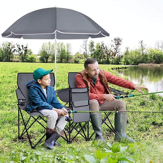 COSTWAY Double Portable Picnic Chairs, Folding Camping Chairs w/Detachable Umbrella, Cooler Bag, Cup Holders, Patio Beach Camping Chairs for Outdoors