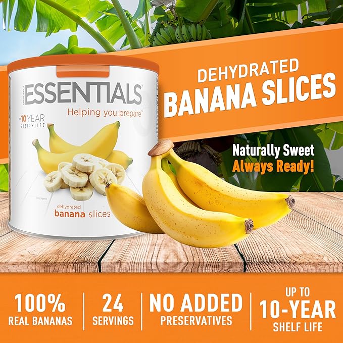 Emergency Essentials, Dehydrated Banana Slices, Emergency Food Supplies, 10-Year Shelf Life, 24 Servings