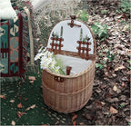 Outdoor Camping Picnic Basket Hand Lever Type Multi-Function Rattan Basket with Rollers Insulation Tableware Storage Box for Outdoor Picnic
