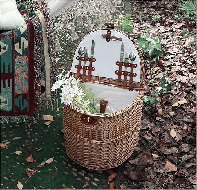 Outdoor Camping Picnic Basket Hand Lever Type Multi-Function Rattan Basket with Rollers Insulation Tableware Storage Box for Outdoor Picnic
