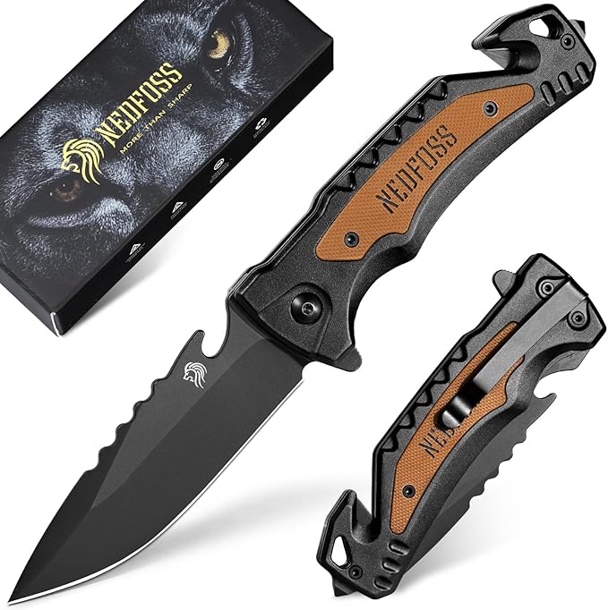 NedFoss DA169 Pocket Knife for Men Women, 4 in 1 Pocket Folding Knives, Survival Knife with Seat Belt Cutter, Glass Breaker, Bottle Opener Camping Knives, Cool Tactical Hunting knife for Men Knives, Mens Stocking Stuffers Fathers Day Gift for Dad