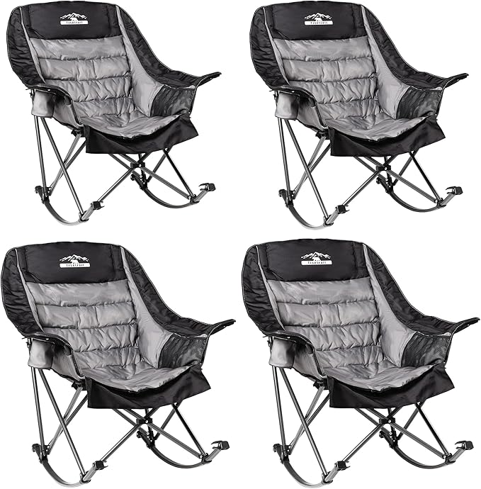 Oversized Rocking Camping Chairs Set of 2, Fully Padded Camp Chairs for Adults with Side Pocket and Cup Holder, Heavy-Duty 400lbs Capacity, Black & Gray