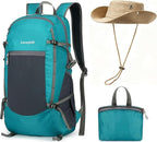 30L Foldable Backpack & Bucket Hat 2 In 1 Combo, Lightweight packable Travel and Fisherman Hat Set, Compact Collapsible Daypack with Sun Hat (Lake Blue)