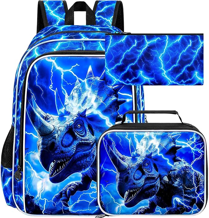 3Pcs Dinosaur Backpack for Boys, 17" Kids Lightning Bookbag for Elementary Preschool Kindergarten, School Backpacks with Lunch Box (Blue)