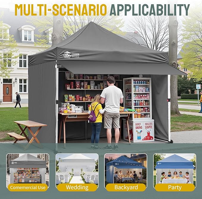 CROWN SHADES 10x10 Pop Up Canopy Tent with 4 Sidewalls, Instant Commercial Tent with 1-Person Setup Patended Centerlock, Extend Awning, 4 Sidewalls, 4" Wheels, Sto'N Go Bag, Grey