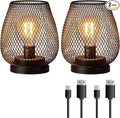 DECORKEY Set of 2 Rechargeable Lamp LED Table Lantern, Brown Metal Cage Cordless Lamps with LED Bulb，Vintage Decorative Outdoor Lantern for Weddings, Parties, Patio, Events for Indoors Shelf Decor