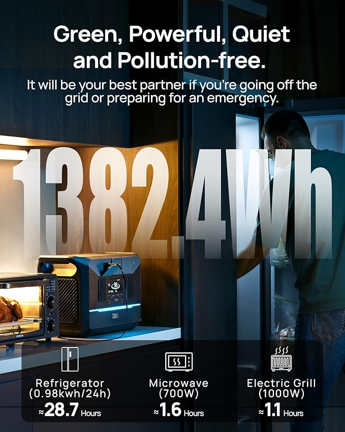 DARAN Generator 1800W (3000W Peak), 1382.4Wh LiFePO4 Portable Power Station with 1Hrs Fast Charge, 20ms UPS Home Emergency Backup for RV, Camping, Off-Grid Power Outage